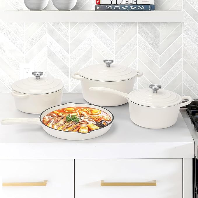 QuliMetal Nonstick Enameled Cast Iron Cookware Set, 7-Pcs Pots and Pans with Lid, Frying Pan Skillet, Sauce Pan, Healthy Round Dutch Oven Pot for Sourdough Bread Baking on All Stovetop, Cream White