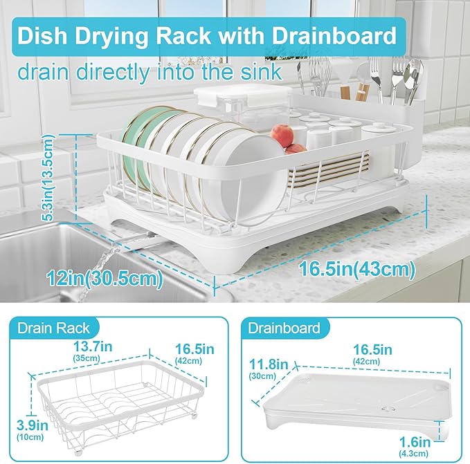 Dish Drying Rack - Space Saving Dish Rack with Drainboard,Single Layer with Utensil Holder - Large Capacity Countertop Organizer for Bowls, Cups, Dish Drainer White