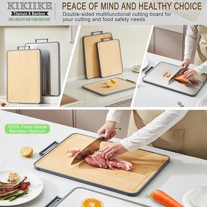 Titanium Cutting Board Double Sided Bamboo Cutting Board for Kitchen Double Sided Food Grade, Pure titanium & Bamboo Cutting Boards, Non-Stick Durable and easy to clean