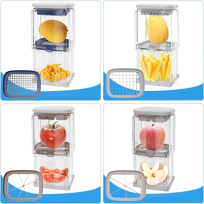 French Fry Cutter 4-in-1 – Potato Cutter for Fries, Onion Dicer, Food Chopper & Apple Slicer – Manual Hand Vegetable Cutter with 4 Blades