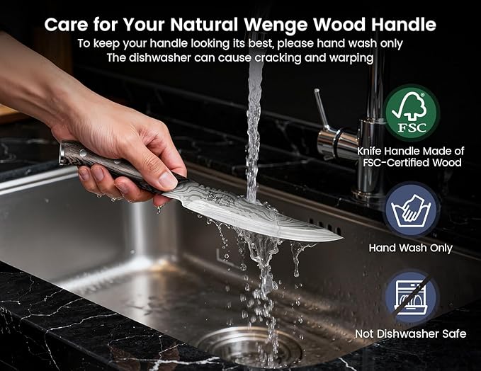 Steak Knives Set of 6, 4.8 Inch Carbon Steel Japanese Style Non-Serrated Meat Knife with Damascus Pattern, Ergonomic Full-Tang Non-Slip Wooden Handle, Thanksgiving Christmas Cooking Gifts