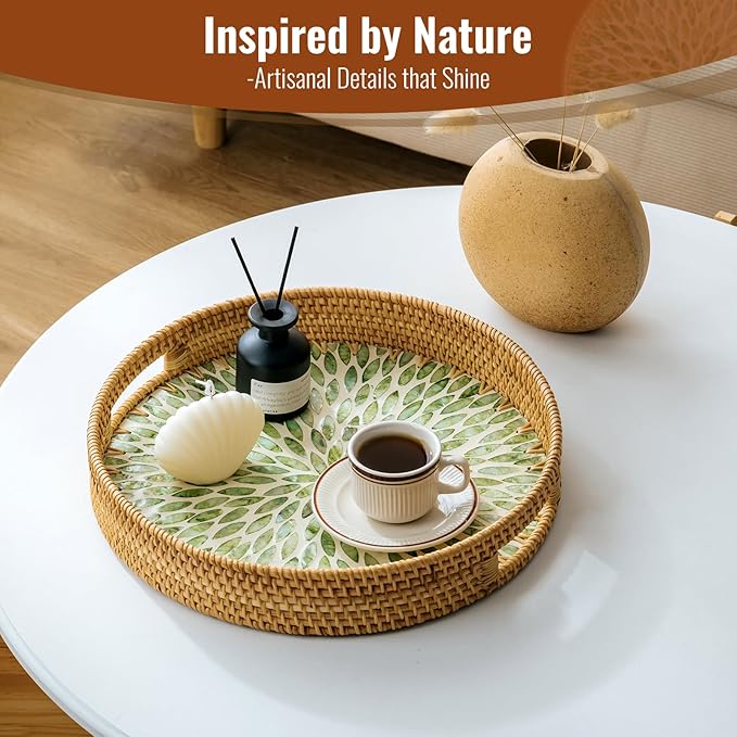 13.8 in Round Rattan Serving Tray with Handle, Mother of Pearl Inlay Wooden Base, Decorative Wicker for Table, Kitchen Island & Home Decor (Green Leaf)