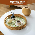 13.8 in Round Rattan Serving Tray with Handle, Mother of Pearl Inlay Wooden Base, Decorative Wicker for Table, Kitchen Island & Home Decor (Green Leaf)