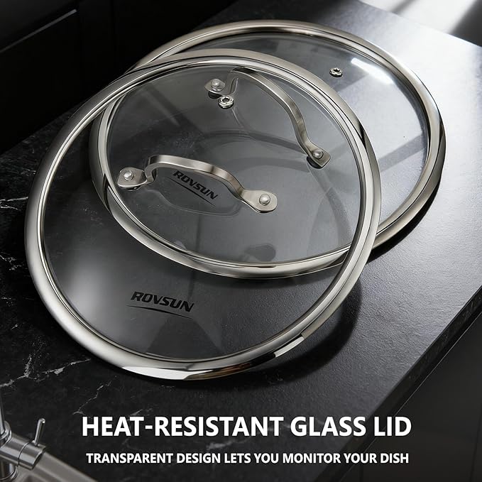 ROVSUN 11 Pcs Non-Stick Cookware Set, Stainless Steel Pots and Pans Set with Lids, Non-Toxic Kitchen Set Chef's Pan, PFOA & PTFE Free, Compatible for All Cooktops