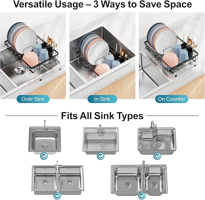 iSPECLE Over Sink Dish Drying Rack - Expandable Capacity Dish Rack for Kitchen Counter, Fits Any Sink Type, 12"~16.9" L x 11.8" W, Black