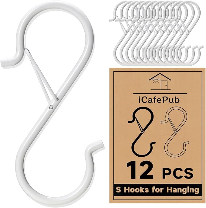 12 PCS S Hooks for Hanging with Safety Buckle, 3.5 inch Heavy Duty Metal S Shaped Hooks Stainless Steel for Hanging Kitchen Utensil, Cups, Pots, Plants, Bags, Hats (White)