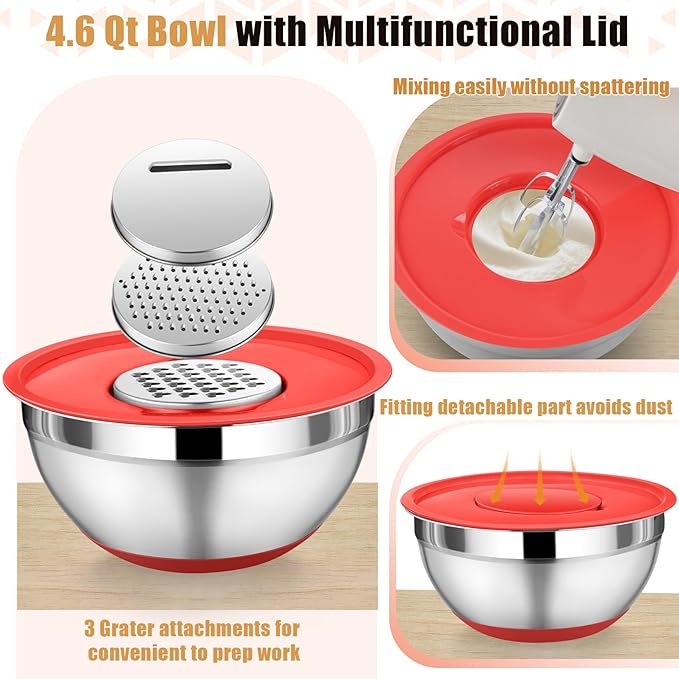 P&P CHEF Mixing Bowl with Lid Set, 5 Piece Stainless Steel Mixing Nesting Bowls for Salad Storage, 3 Grater Attachments & Non-Slip Bottoms, Size 1/1.5/2 / 2.6/4.6 QT, Multicolor