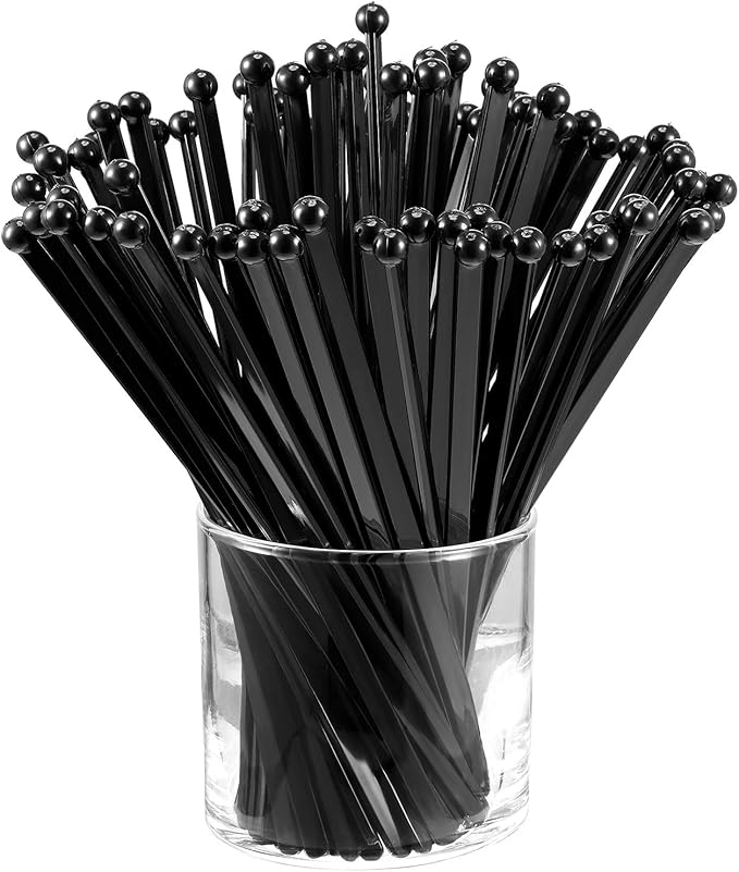 100 Pieces Disposible Plastic Round Top Crystal Swizzle Sticks (Black)