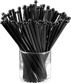 100 Pieces Disposible Plastic Round Top Crystal Swizzle Sticks (Black)