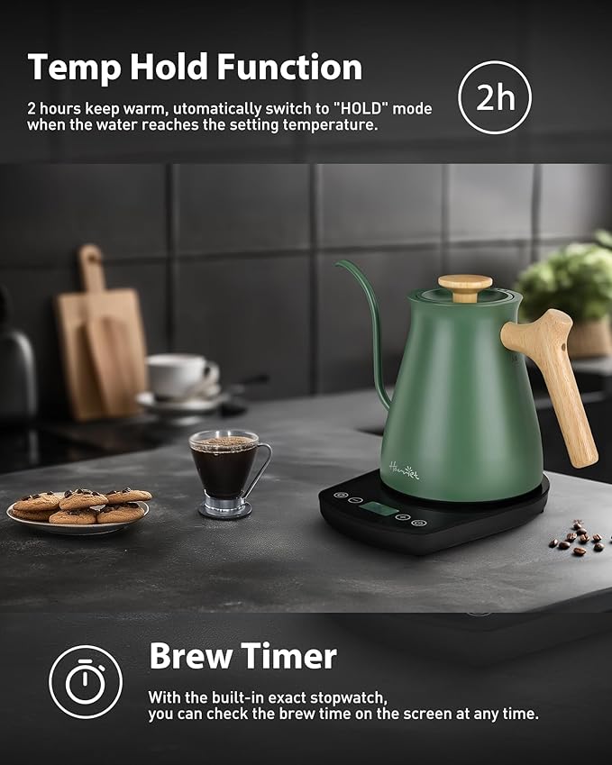 Harriet Gooseneck Electric Kettle - 1200W Fast Heat, 0.8L Stainless Steel, Precision Temp Control & Timer, Wood Handle, Pour Over Coffee and Tea, Green