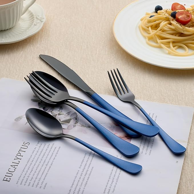 20-Piece Black and Dark Blue Silverware Set 18/0 Stainless Steel Silverware Set Dark Blue Handle Cutlery Set Service for 4 Dinner Knives Forks Spoons Set Flatware Set Finish Dishwasher Safe