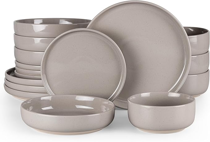 HaWare 16-Piece Plates and Bowls Set for 4, Stoneware Dinnerware Sets with Pasta Bowl, Dishes Set for Home Restaurant, Speckled Cream Coffee