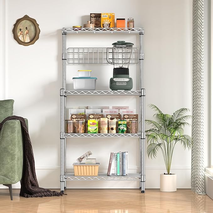 Leteuke Bakers Rack for Kitchen with Storage, NSF Certified 4-Tier Adjustable Coffee Bar with Wheels 10 S-Hooks Microwave Stand Kitchen Storage Shelf Metal Storage Rack 30 x 14 x 59 Inches, Chrome