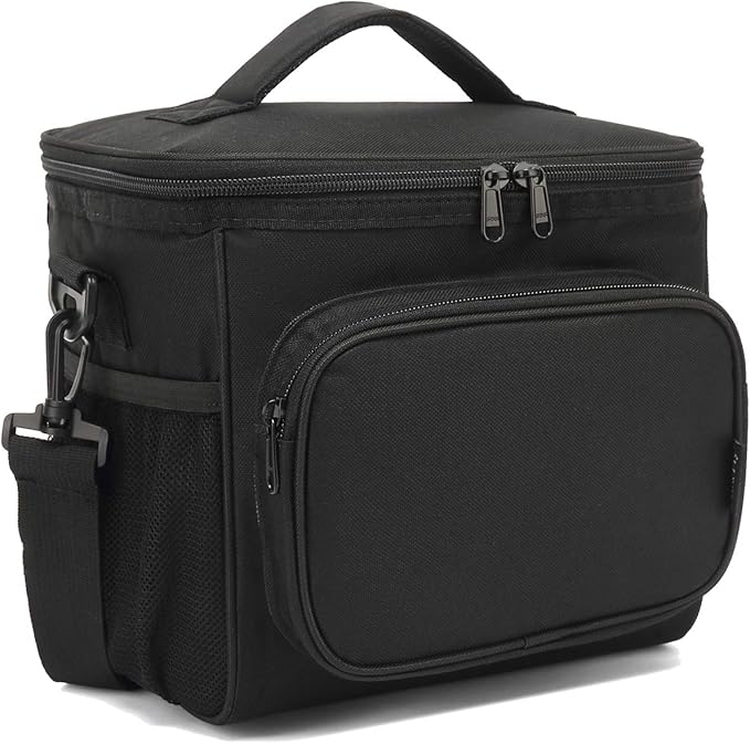 FlowFly Insulated Reusable Lunch Bag Adult Large Lunch Box for Women and Men with Adjustable Shoulder Strap,Front Zipper Pocket and Dual Large Mesh Side Pockets, Black