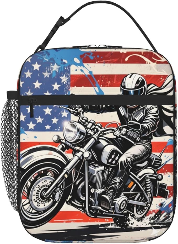 American Flag Motorcycle Insulated Lunch Bag for Women & Men, Reusable Leak-Proof Lunch Box with Cooler Compartment, Lunch Tote for Adults Work Travel Picnic Durable & Washable