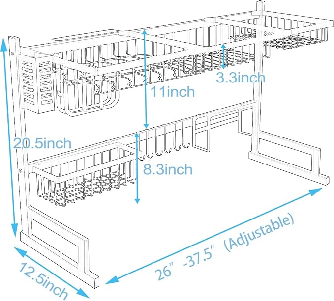PUSDON Over Sink Dish Drying Rack Stainless Steel, Adjustable Large Dish Drainer for Storage Kitchen Organization White 2 Tier - Standard(26"-38")