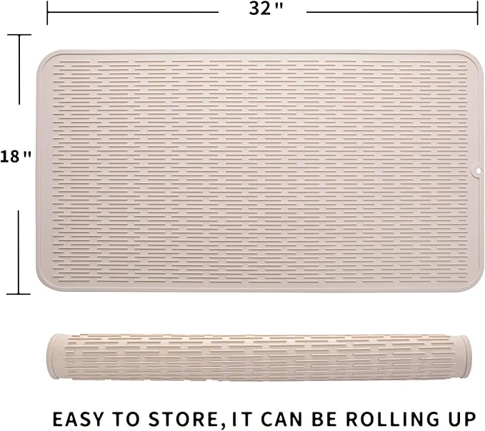 Silicone Dish Drying Mat for Multiple Usage,Easy clean,Eco-friendly,Heat-resistant Silicone Mat for Kitchen Counter or Sink,Refrigerator or Drawer Liner Tapioca 4XL 32 inches x 18 inches