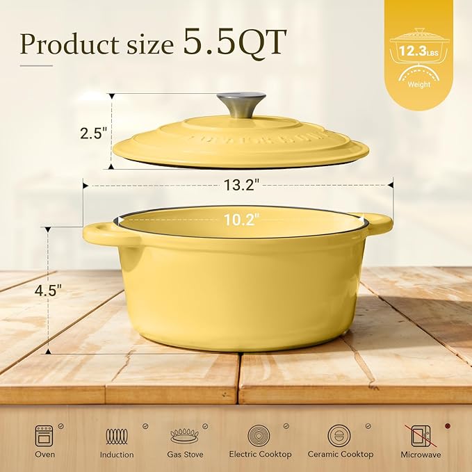 Overmont Enameled Cast Iron Dutch Oven - 5.5QT Pot with Lid Cookbook & Cotton Potholders - Heavy-Duty Cookware for Braising, Stews, Roasting, Bread Baking Goose Yellow