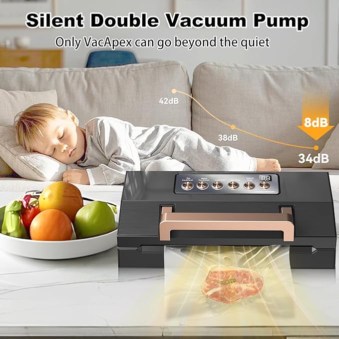 2025 Black Stainless Steel Food Vacuum Sealer, VACAPEX Deluxe Vacuum Sealer Machine with 11" Double Heat Seal and Automatic One-Touch System, Bags Storage & Cutter, Easy-Lock Handle with 2 Bag Rolls