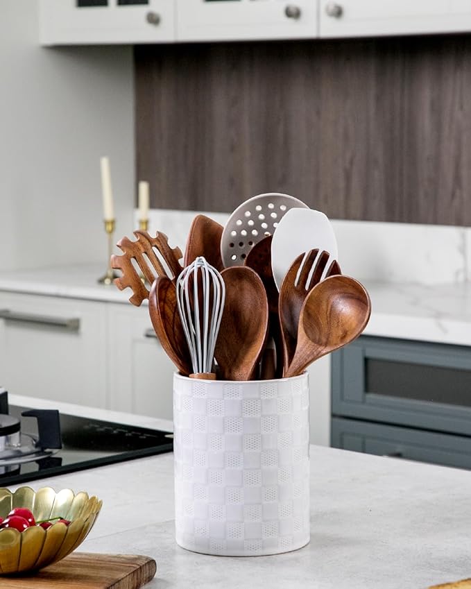 Nucookery 6.4'' Utensil Holder - Ceramic Utensil Holder for Kitchen Counter, Large Capacity Countertop Storage, Farmhouse Style Utensil Crock Organizer for Spoons, Spatulas & Cooking Tools