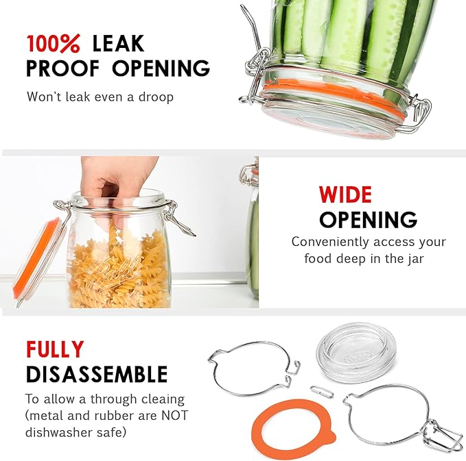 Wide Mouth Glass Jars with Airtight Lid 32OZ 4 Pack, Kitchen Storage Large Clear Canister Jars with Hinged Lid with Measurement Marks For Canning,Coffee,Flour,Sugar,Beans