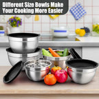 P&P CHEF Mixing Bowl with Airtight Lid Set of 5, 10-Piece Stainless Steel Nesting Salad Bowl Set for Prepping, Mixing and Serving, Size 4.6, 3, 1.5, 1, 0.7 QT, Rimmed Edges & Flat Base, Black