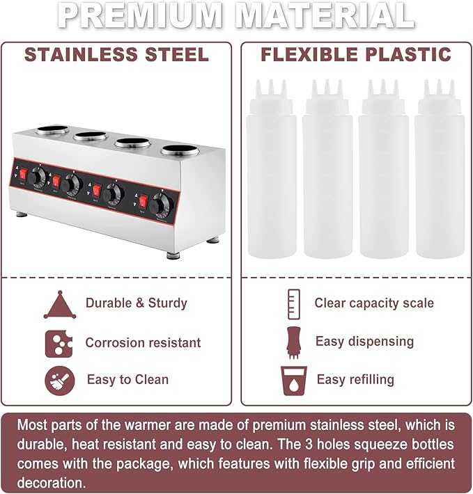 Sauce Warmer Dispenser Sauce Bottle Warmer Nacho Cheese Warmer Dispenser with 650ml Bottles, Bottle Warmer for Cheese Hot Fudge Caramel, 86-185℉110V