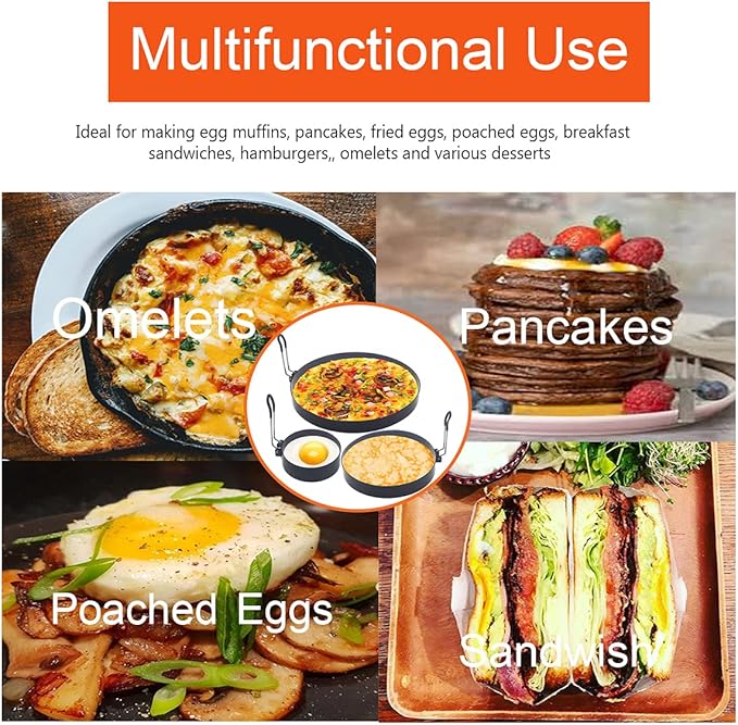 8" Omelette Ring,6" Pancake Ring,4" Griddle Egg Ring,Non-stick Stainless Steel Egg Cooker Omelet Ring Set(Upgrade Large 3 Packs Egg Cooking Rings for Griddle Frying Egg with Oil Brush & Egg Separator)