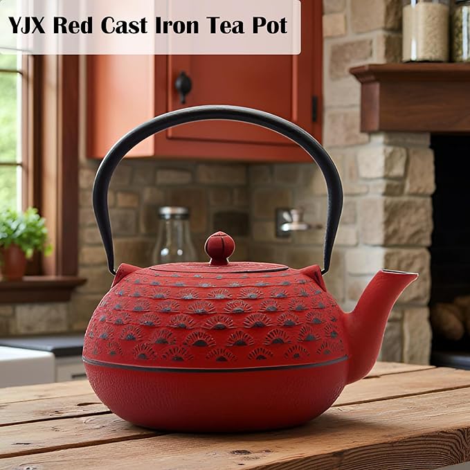 YJX 60.9 fl oz Cast Iron Teapot, Large Tea Kettle for Stove Top, Red Tea Pot with Stainless Steel Infuser for Loose Tea, 1.8L Japanese Enameled Metal Teapot