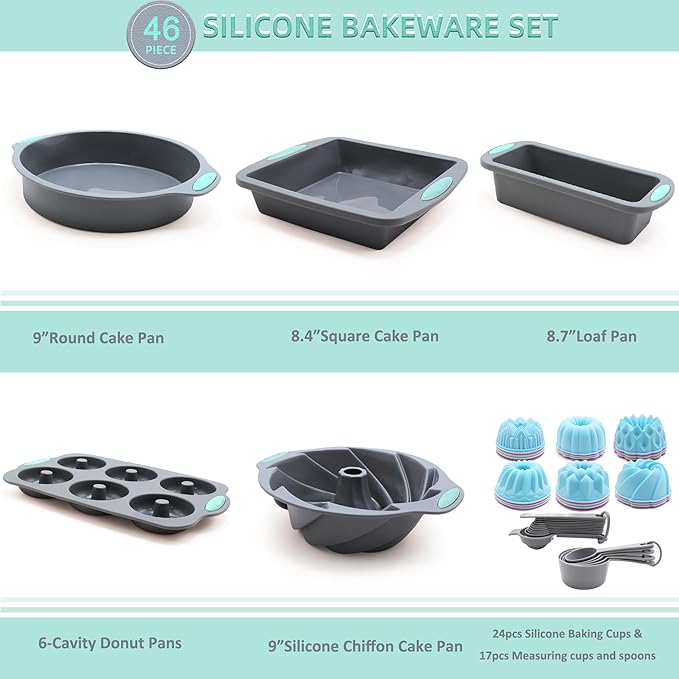 Tongjude 46 Piece Silicone Bakeware Set, Non-Stick Kitchen Oven Baking Pans, Silicone Cake Molds with Cake Mold, Chiffon Cake Pan, Donut Pan, Square Cake Pan and Loaf Pan