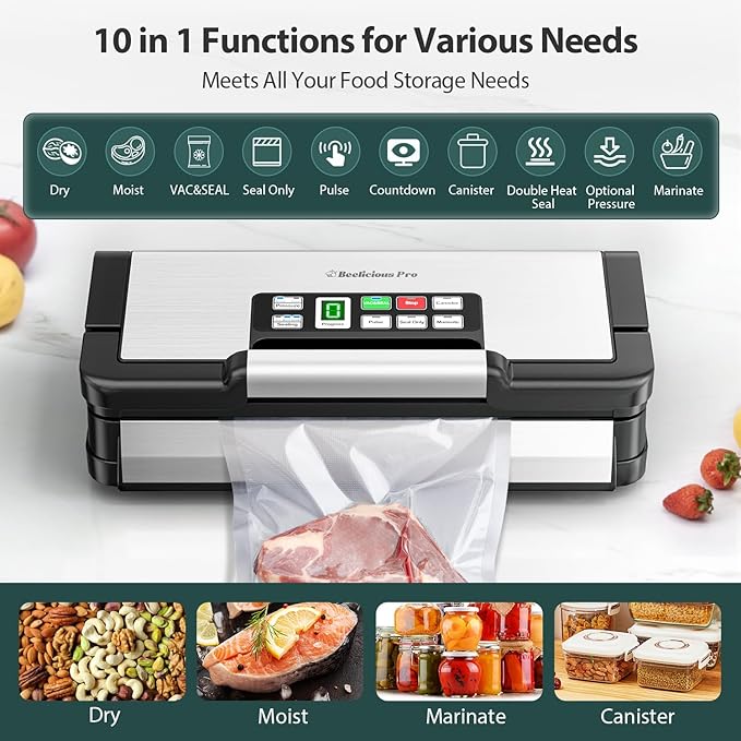 Vacuum Sealer Machine, AquaLock Series 2X Seal&130W Full Automatic Food Sealer, Powerful Food Preservation System with Handle, Built-in Cutter&Bags Storage&Hose, 2 Bags Rolls, Stainless Steel