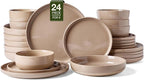 Famiware Milkyway Stoneware Dinnerware Sets with Pasta Bowls, Service for 6 (24 Pieces), Plates and Bowls Sets -Scratch Resistant, Microwave and Dishwasher Safe Dishes Set, Cinnamon Brown