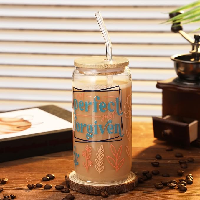 6 Pcs Christmas Jesus Christian Glasses 16 oz Drinking Glass Cup with Bamboo Lid and Glass Straw Can Shaped Beer Tumbler for Women Teenager Birthday Party Favor Christmas Appreciation Gift