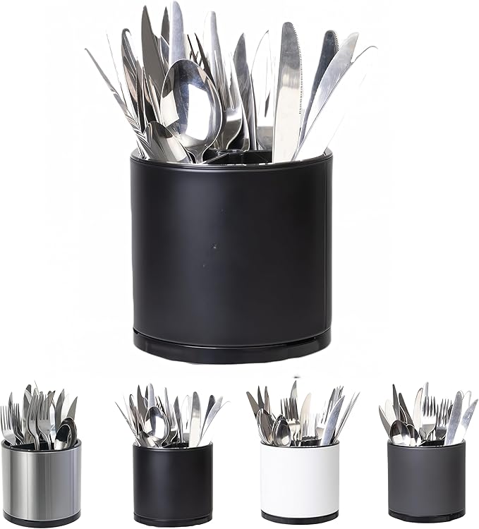 Kitchen Utensil Holder Silverware Organizer 360°Rotating For Counter Organizer Stainless Steel Storage Silverware Caddy 3 Compartment Flatware Spoon Spatula Tool Cutlery Container（Black）