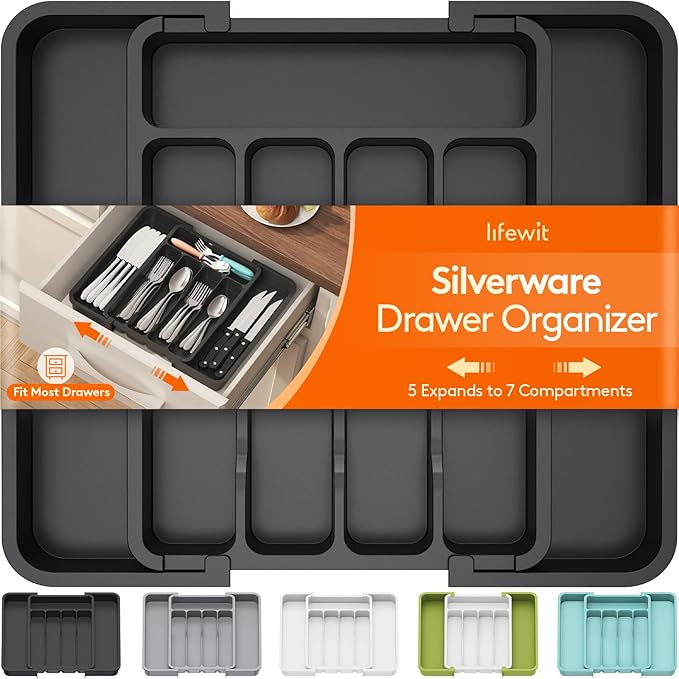 Lifewit Silverware Drawer Organizer, Expandable BPA Free Utensil Tray for Kitchen, Adjustable Flatware and Cutlery Holder for Spoons Forks Knives, Plastic Kitchen Organizers and Storage, Black