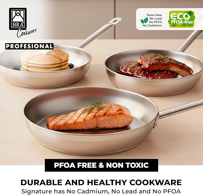 BRA COOKWARE Profesional 3 Frying Pan Set | 8 + 9.5 + 10.2 inches Professional Skillet | Stainless Steel Pan w/o Non-Stick | All Stovetop Compatible Skillet | 100% FOA Free | Brushed Finish