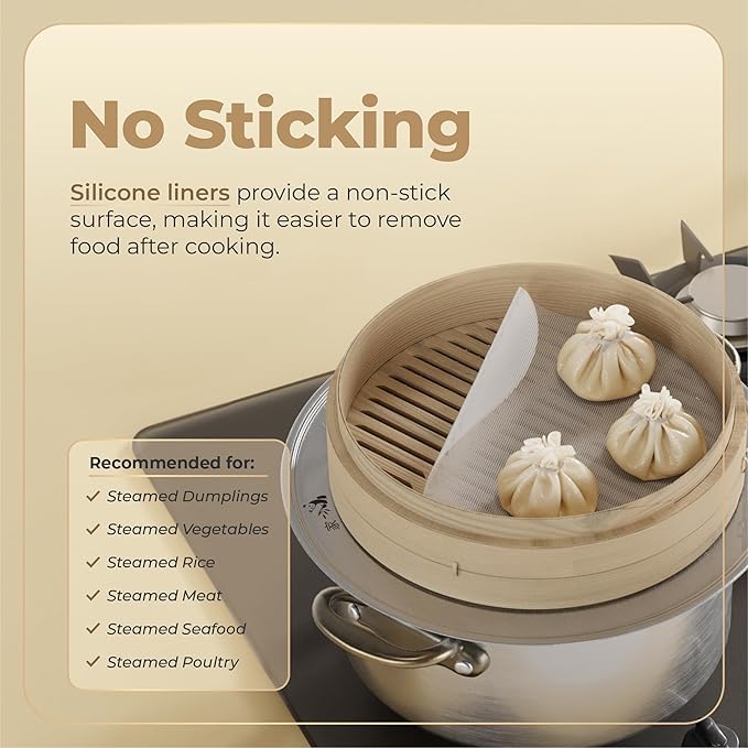 Prime Home Direct Bamboo Steamer Silicone Liners 10-Inch | 6 Count | BPA Free | Reusable & Non Stick for Air Fryer, Dumpling Food Steam Pot & Dim Sum Steaming | Round Mesh Parchment Baking Sheet Paper