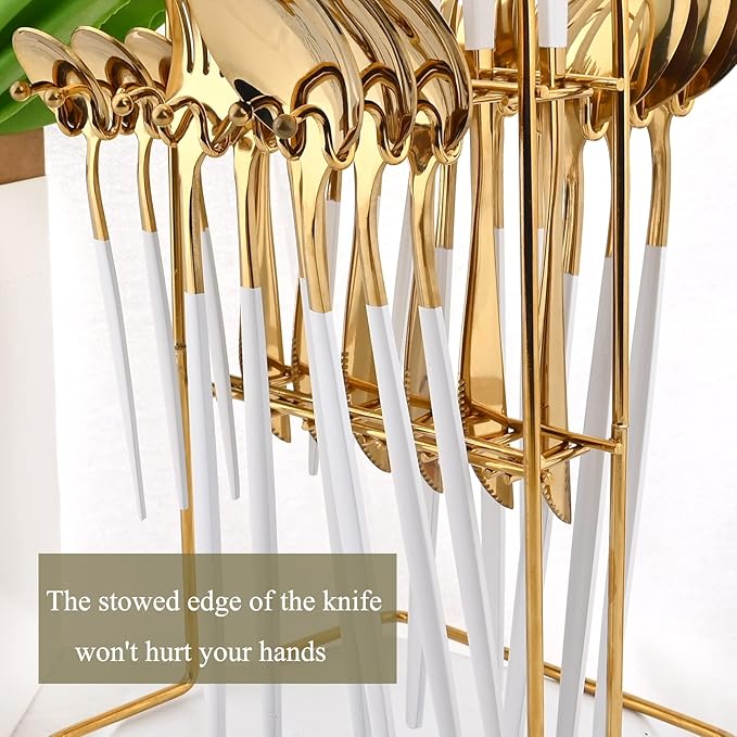 White Gold 24Pcs Flatware Set With Stand, Lightweight Dinnerware Set Stainless Steel Cutlery With White handles For Home Kitchen Wedding Party And Daily Use,Service For 6, Mirror Polish