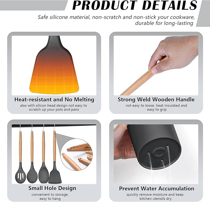 HaWare Kitchen Cooking Utensils Set, 23-Piece Silicone Kitchen Utensils Spatula Set with Holder, Heat Resistant Wooden Handle Kitchen Gadget for Nonstick Cookware, Food-grade Turner Spoon Sets (Grey)