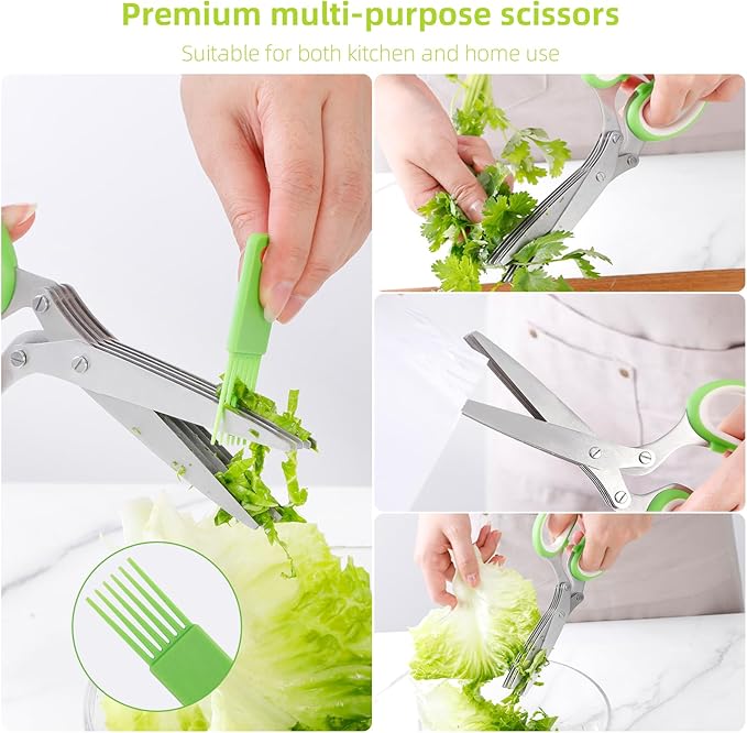 2025 Herb Scissors Set - Classic green 5-Blade Design with Cover and Comb - Skin-Friendly Handle for Comfortable Grip - Dishwasher Safe, Rust-Resistant Stainless Steel for Fresh Herbs
