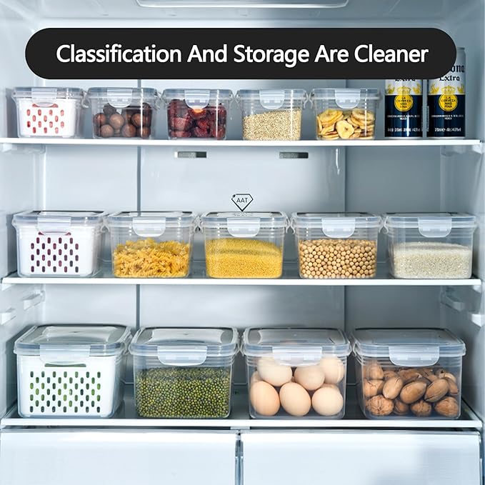 3 PCS Fruit Storage Containers for Fridge with Removable Colander, Leak proof Food Storage Containers, Airtight Food Storage Containers, Food Storage Container with Lids, Keep Food Meat Fresh