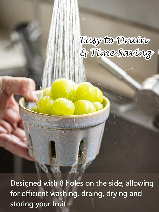 Gomakren Ceramic Berry Basket Set of 2, Round Fruit Bowl with Holes, Fruit Storage Containers for Kitchen, Cute Strawberry Basket for Berries, Grape, Cherry, Gray