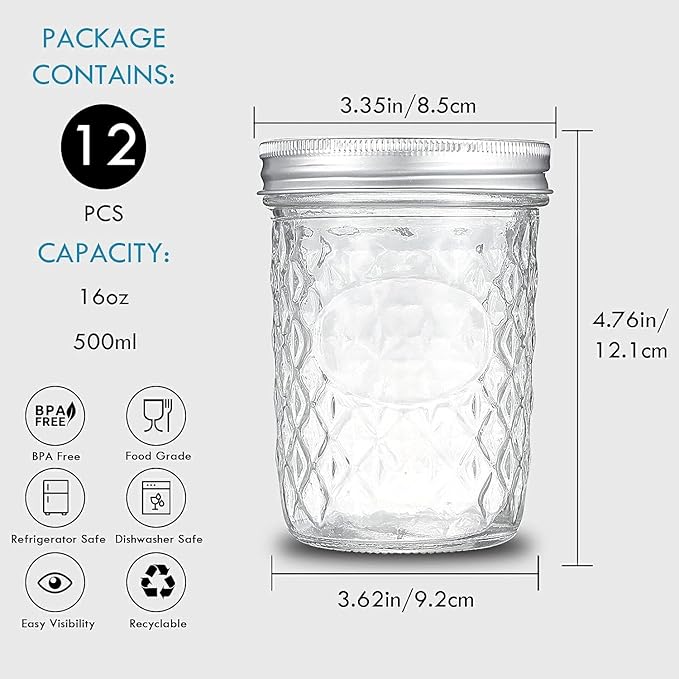 16 oz Wide Mouth Mason Jars, 12 Pack Canning Jars with Airtight Lids, Large Glass Jars for Overnight Oats, Fermenting, Pickling, Jam, Homemade Candles & Home Decor Storage
