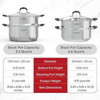 Sunhouse - 4.6 Quarts Steamer Pots With Lid 2-Tier Multipurpose Stainless Steel Steaming Pot Cookware For Vegetable, Dumpling, Sauce, Food - Triple Bottom, Measurement Line