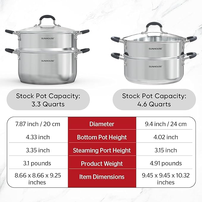 SUNHOUSE - 4.6 Quart Steamer Pots With Lid 2-Tier Multipurpose Stainless Steel Steaming Pot Cookware With Handle For Vegetable, Dumpling, Sauce, Food - Triple Bottom, Measurement Line