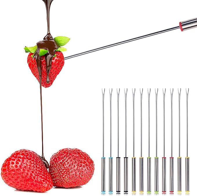 12Pcs Stainless Steel Fondue Forks, 6 Color Cheese Fondue Forks with Heat Resistant Handle, Smores Sticks for Chocolate Fountain Roast Marshmallows Dessert Fruits(9.5 Inch)