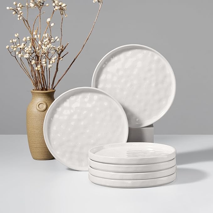 HaWare Stoneware Plates Set of 6, 7.9" Salad Plates, Reactive Glaze Ripple Ceramic Dish Set for Appetizer, Dessert, Scratch Resistant, Small Dinner Plate, Microwave and Dishwasher Safe, Speckled White