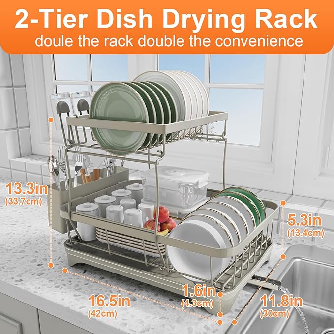Dish Drying Rack for Kitchen Counter,Two-Tier Dish Rack with Utensil Holder, Auto-Draining Dish Racks, Large Capacity Dish Drainer Organizer for Plates, Bowls, Cups with Drainboard Grey