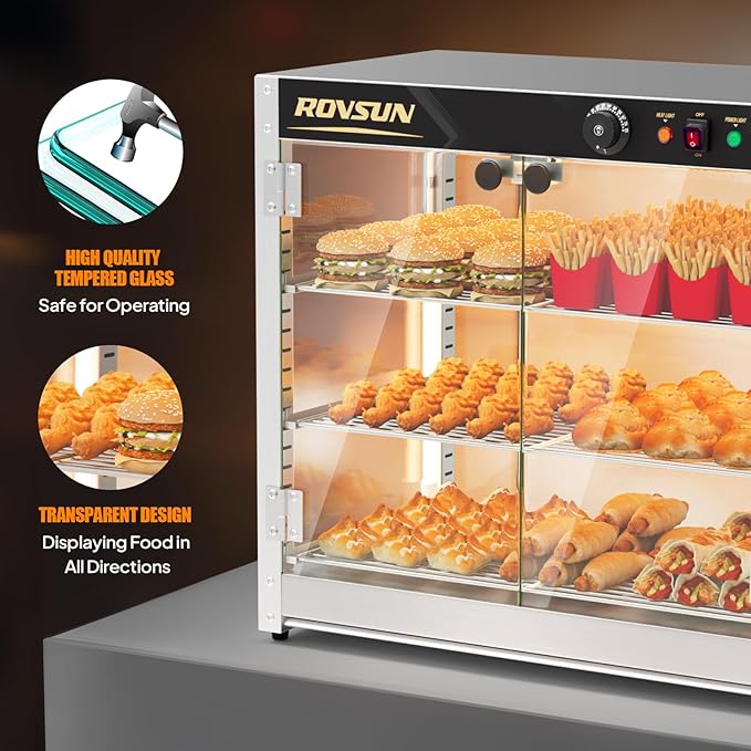 ROVSUN 3-Tier Commercial Food Warmer, 27" Pizza Warmer Food Warmer Display with LED Adjustable Lighting Glass Door Removable Shelves, Countertop Electric Food Warmer for Buffet Restaurant 110V 800W