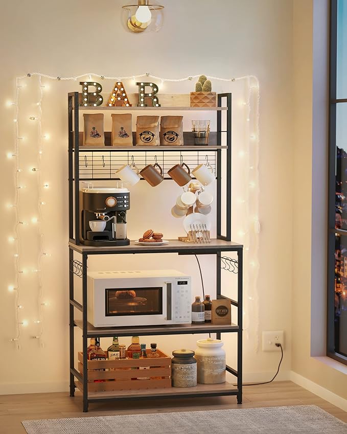 VASAGLE Hutch Bakers Rack with Power Outlet, 14 Hooks Microwave Stand, Adjustable Coffee Bar with Metal Wire Panel, Kitchen Storage Shelf, 15.7 x 31.5 x 66.9 Inches, Greige and Black UKKS025B02